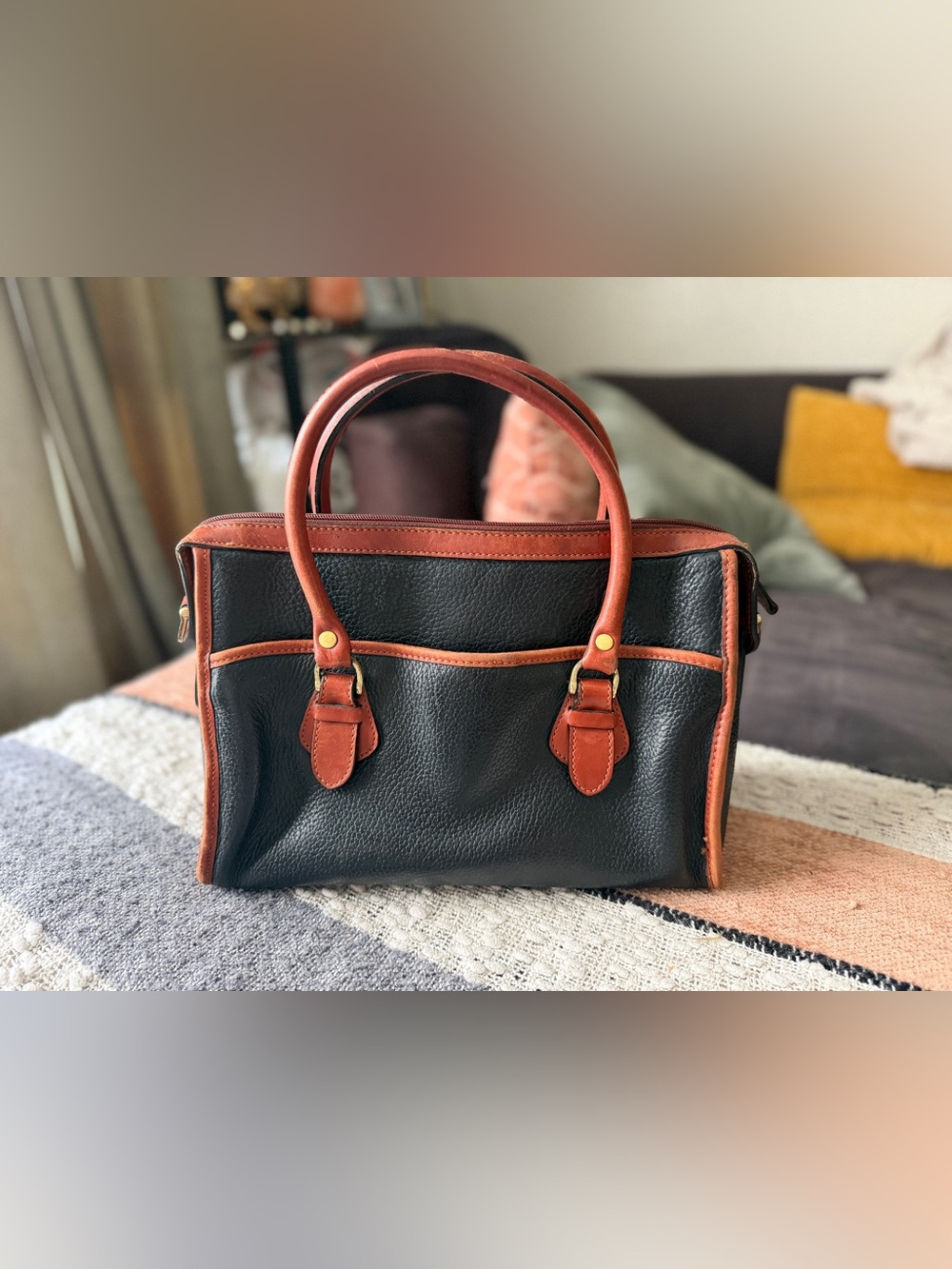 Liz Claiborne 90s Black Pebbled Leather Satchel w/ Cognac Trim